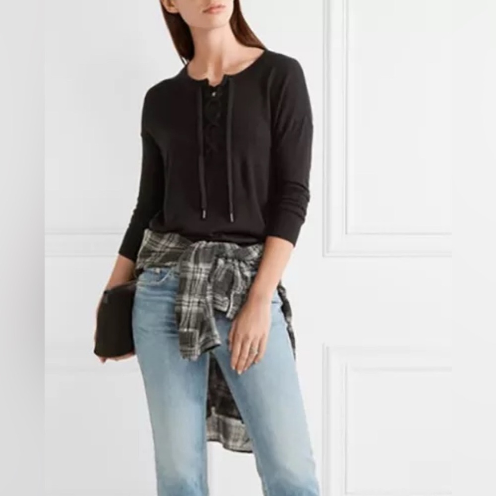 Splendid Lace Up Waffle Knit BLACK Top MSRP $118 XS EUC - Picture 2 of 5